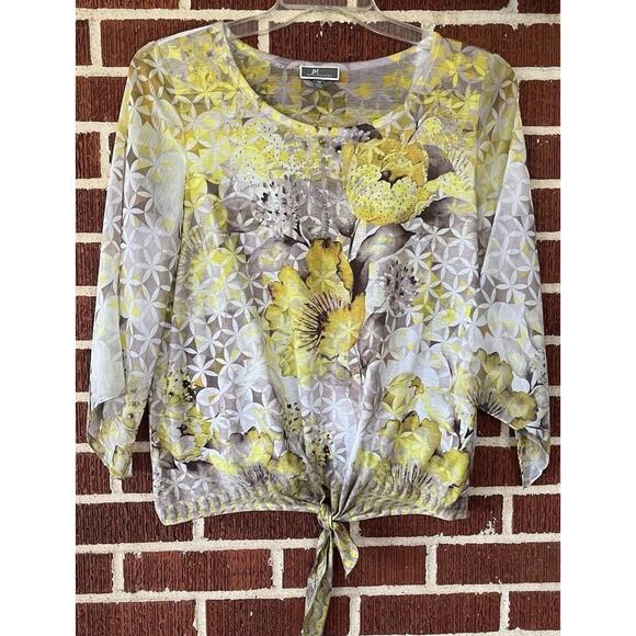 JM Collection Embellished Floral Knotted Blouse with Sheer Sleeves Size Medium - Picture 1 of 3